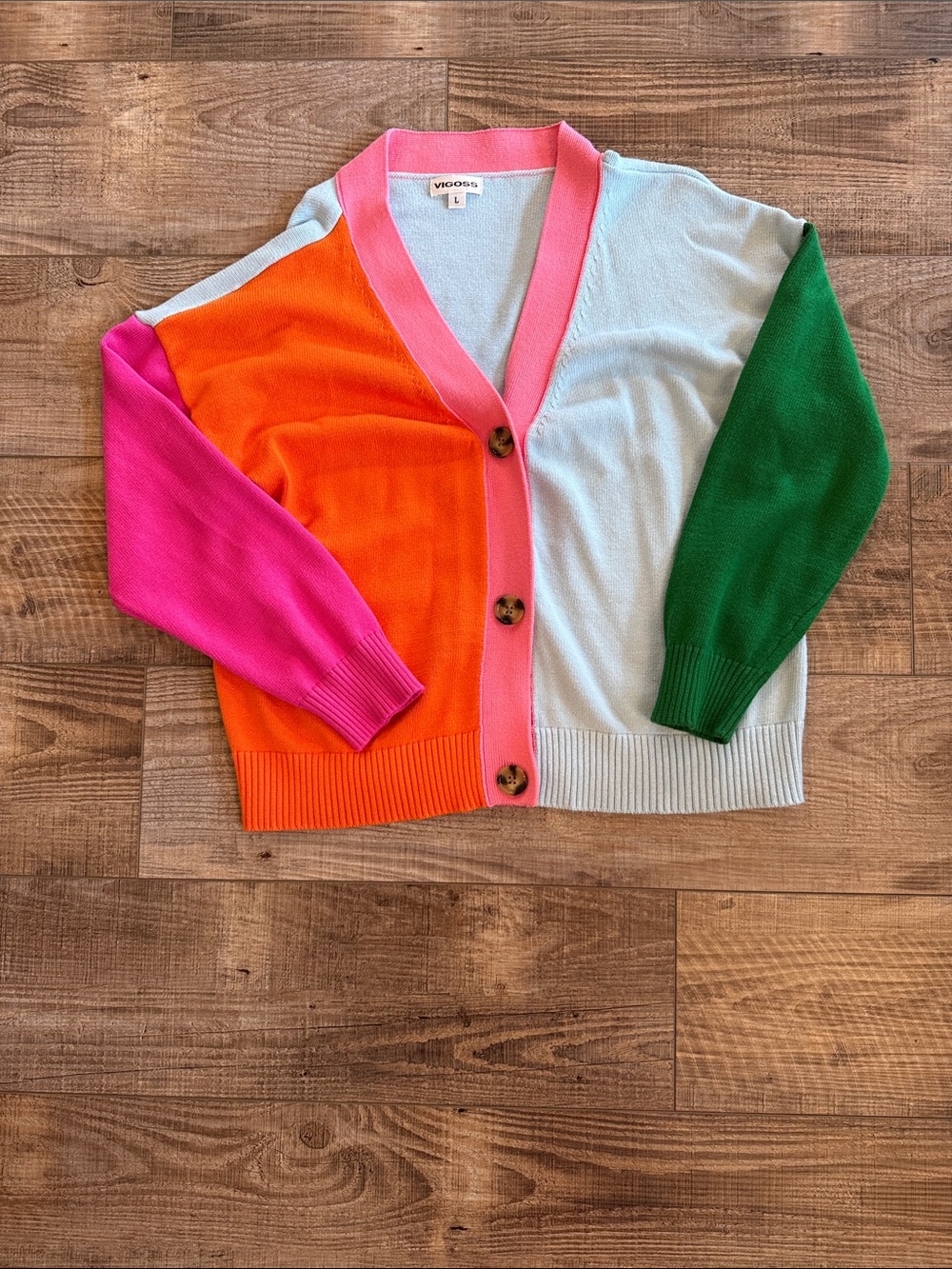 Vigoss Colorblock Button-Front Cardigan in Pink, Orange, Light Blue & Green